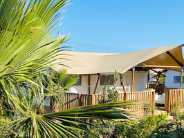 Vooraanzicht Glamping Tent van Villa Alwin Beach Resort